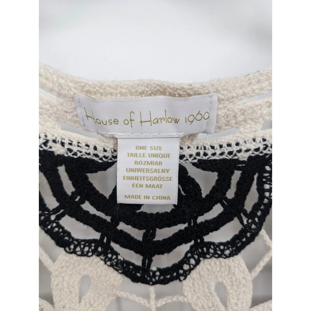 House of Harlow Crochet Vest Women One Size Black Cream Floral Sheer Hippie Boho